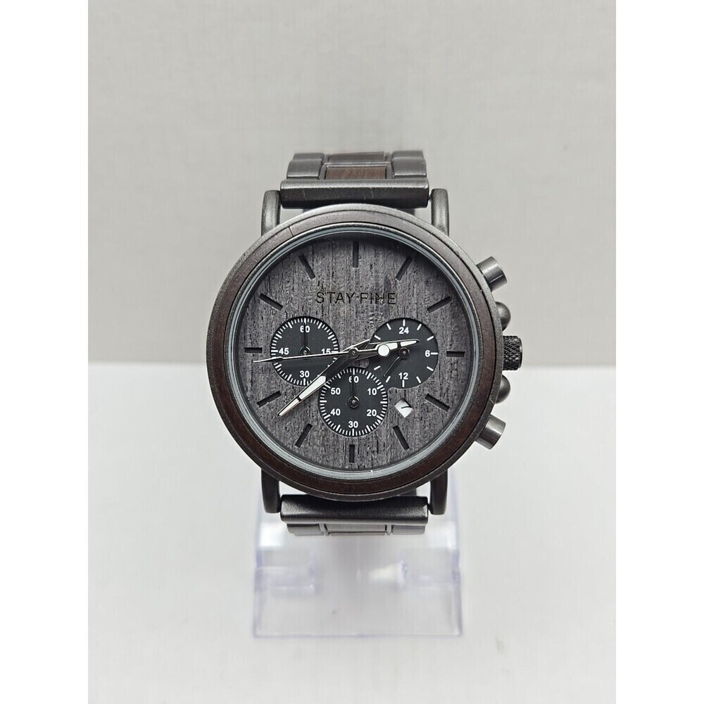 Stay Fine Wood Chronograph Quartz Brown Dial Date Bracelet New Battery Men Watch